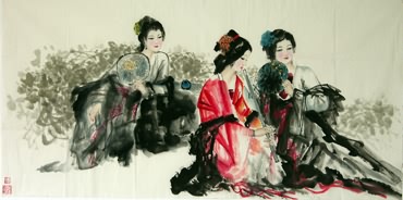 Chinese Beautiful Ladies Painting,69cm x 138cm,3348003-x