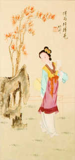 Chinese Beautiful Ladies Painting,30cm x 62cm,3810005-x