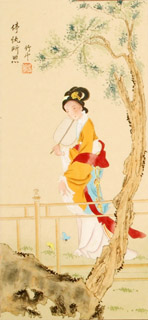 Chinese Beautiful Ladies Painting,30cm x 62cm,3810009-x