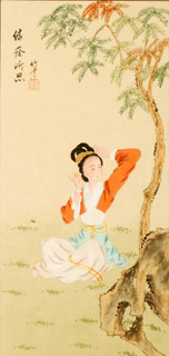 Chinese Beautiful Ladies Painting,30cm x 62cm,3810011-x