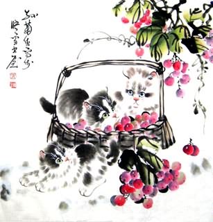 Chinese Cat Painting,69cm x 69cm,4489013-x