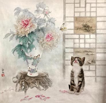 Chinese Cat Painting,66cm x 66cm,lbz41082006-x
