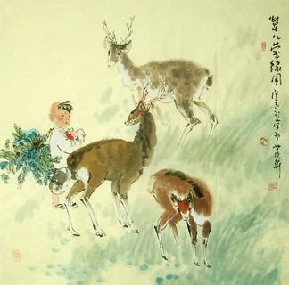 Chinese Deer Painting,66cm x 66cm,4457006-x