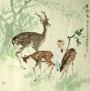 Chinese Deer Painting,66cm x 66cm,4457007-x
