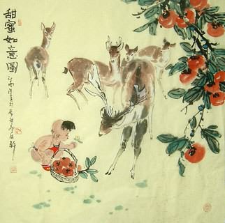 Chinese Deer Painting,66cm x 66cm,4457009-x