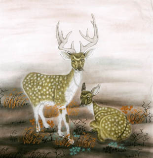 Chinese Deer Painting,90cm x 90cm,4602005-x