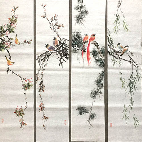 Four Screens of Flowers and Birds,27cm x 113cm(11〃 x 44〃),2011060-z