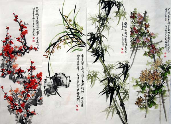 Four Screens of Flowers and Birds,34cm x 96cm(13〃 x 38〃),2314009-z