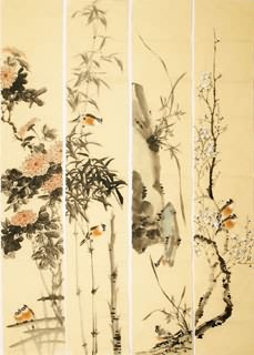 Chinese Four Screens of Flowers and Birds Painting,35cm x 136cm,2340111-x