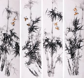 Chinese Four Screens of Flowers and Birds Painting,34cm x 138cm,2340118-x