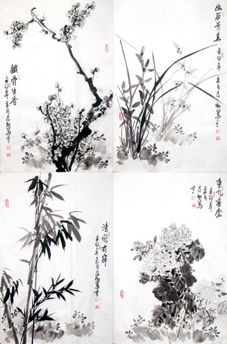 Four Screens of Flowers and Birds,69cm x 46cm(27〃 x 18〃),2360092-z
