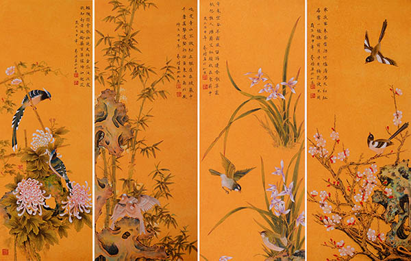 Four Screens of Flowers and Birds,30cm x 90cm(12〃 x 35〃),2384020-z