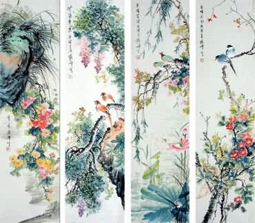 Chinese Four Screens of Flowers and Birds Painting,34cm x 138cm,2423024-x