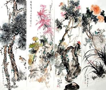 Chinese Four Screens of Flowers and Birds Painting,33cm x 117cm,2423026-x
