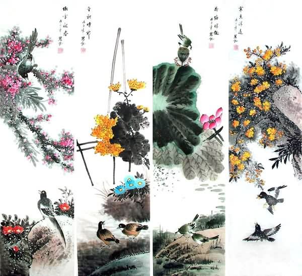 Four Screens of Flowers and Birds,34cm x 138cm(13〃 x 54〃),2567001-z