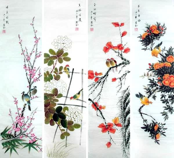 Four Screens of Flowers and Birds,33cm x 130cm(13〃 x 51〃),2567002-z