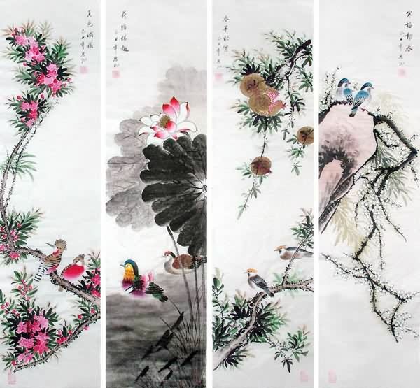 Four Screens of Flowers and Birds,34cm x 138cm(13〃 x 54〃),2567003-z