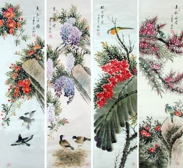 Chinese Four Screens of Flowers and Birds Painting,34cm x 138cm,2567005-x