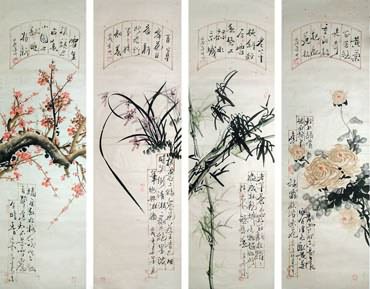 Chinese Four Screens of Flowers and Birds Painting,30cm x 100cm,2568005-x