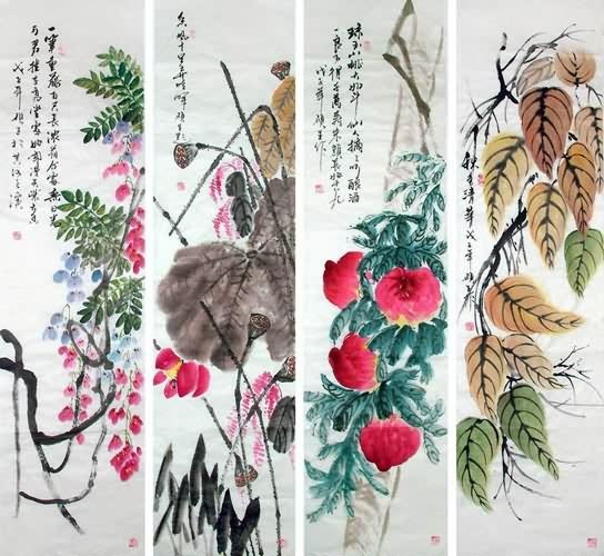 Four Screens of Flowers and Birds,34cm x 138cm(13〃 x 54〃),2569002-z