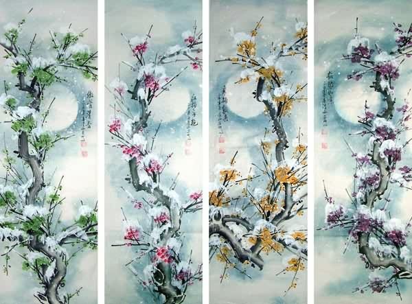 Four Screens of Flowers and Birds,33cm x 110cm(13〃 x 43〃),2569004-z