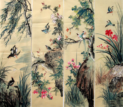 Four Screens of Flowers and Birds,34cm x 120cm(13〃 x 47〃),2581010-z