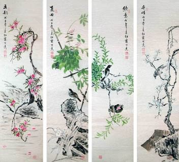 Chinese Four Screens of Flowers and Birds Painting,35cm x 136cm,2600003-x