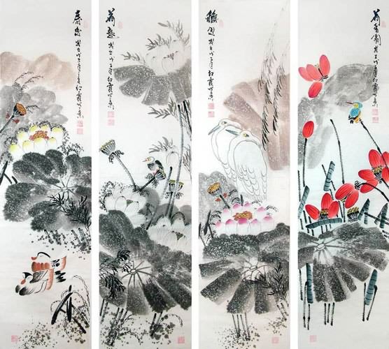 Four Screens of Flowers and Birds,34cm x 138cm(13〃 x 54〃),2600014-z