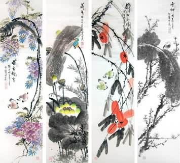 Chinese Four Screens of Flowers and Birds Painting,34cm x 138cm,2600017-x