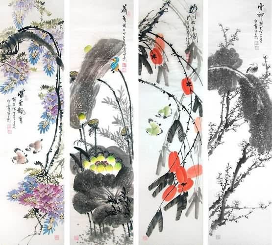 Four Screens of Flowers and Birds,34cm x 138cm(13〃 x 54〃),2600017-z