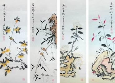 Chinese Four Screens of Flowers and Birds Painting,33cm x 110cm,2600018-x