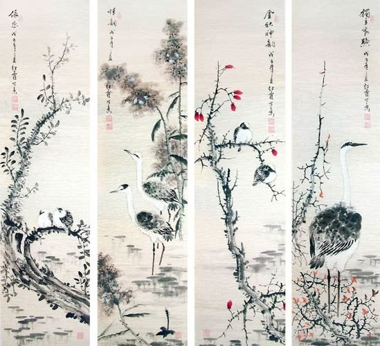 Four Screens of Flowers and Birds,34cm x 138cm(13〃 x 54〃),2600020-z