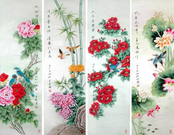Four Screens of Flowers and Birds,33cm x 130cm(13〃 x 51〃),2617062-z