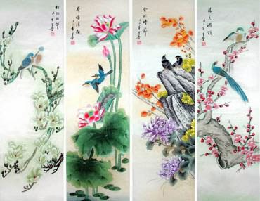 Chinese Four Screens of Flowers and Birds Painting,33cm x 130cm,2617064-x