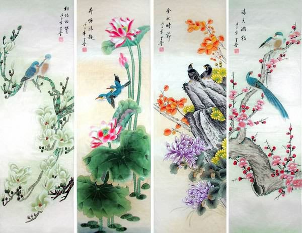 Four Screens of Flowers and Birds,33cm x 130cm(13〃 x 51〃),2617064-z