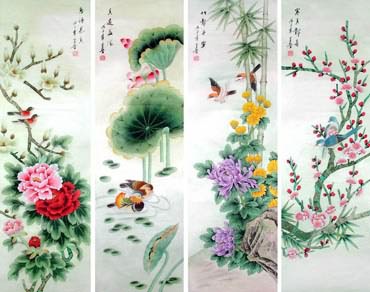 Chinese Four Screens of Flowers and Birds Painting,33cm x 130cm,2617065-x