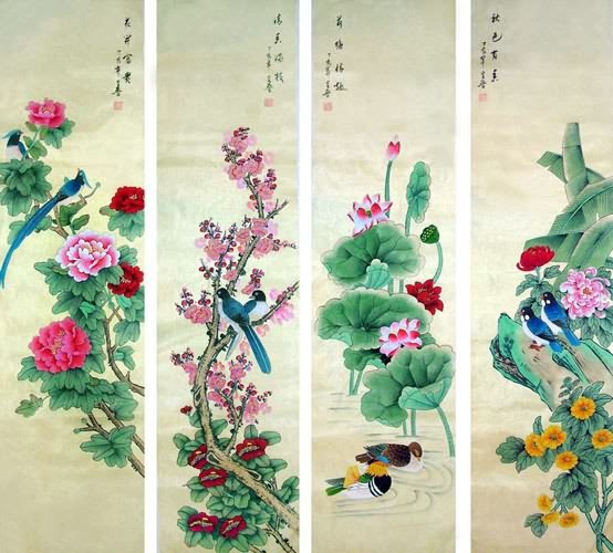 Four Screens of Flowers and Birds,32cm x 120cm(13〃 x 47〃),2617067-z