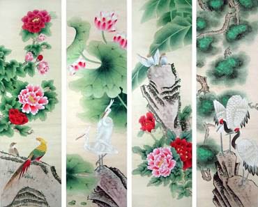 Chinese Four Screens of Flowers and Birds Painting,32cm x 120cm,2617072-x