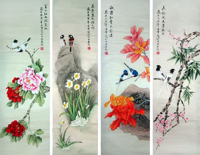 Four Screens of Flowers and Birds,40cm x 130cm(16〃 x 51〃),2702001-z