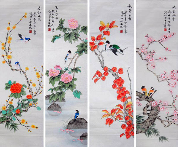 Four Screens of Flowers and Birds,40cm x 130cm(16〃 x 51〃),2702022-z