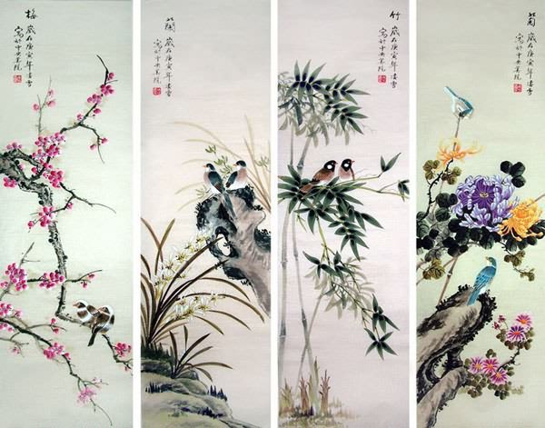 Four Screens of Flowers and Birds,33cm x 110cm(13〃 x 43〃),2702037-z