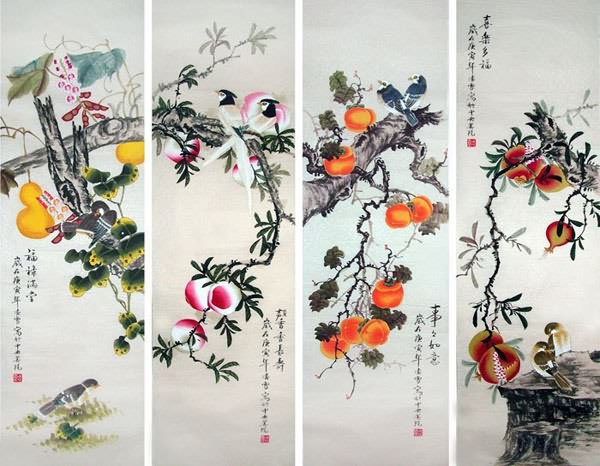 Four Screens of Flowers and Birds,33cm x 110cm(13〃 x 43〃),2702039-z
