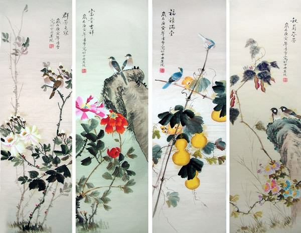 Four Screens of Flowers and Birds,33cm x 110cm(13〃 x 43〃),2702040-z