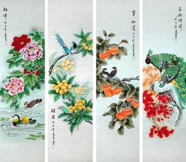Chinese Four Screens of Flowers and Birds Painting,33cm x 130cm,2703083-x