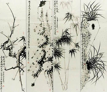 Chinese Four Screens of Flowers and Birds Painting,33cm x 102cm,dq21158002-x
