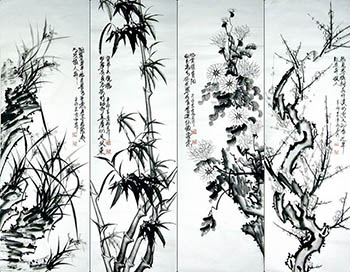Chinese Four Screens of Flowers and Birds Painting,33cm x 102cm,dq21158005-x