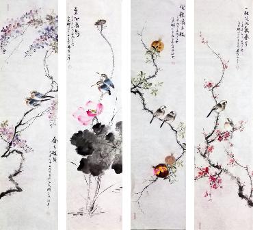 Chinese Four Screens of Flowers and Birds Painting,34cm x 138cm,dyc21099058-x