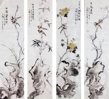 Chinese Four Screens of Flowers and Birds Painting,34cm x 138cm,dyc21099059-x