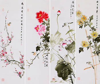 Chinese Four Screens of Flowers and Birds Painting,34cm x 120cm,xm21184013-x