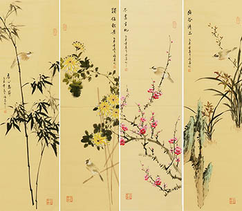 Chinese Four Screens of Flowers and Birds Painting,33cm x 117cm,xm21184016-x